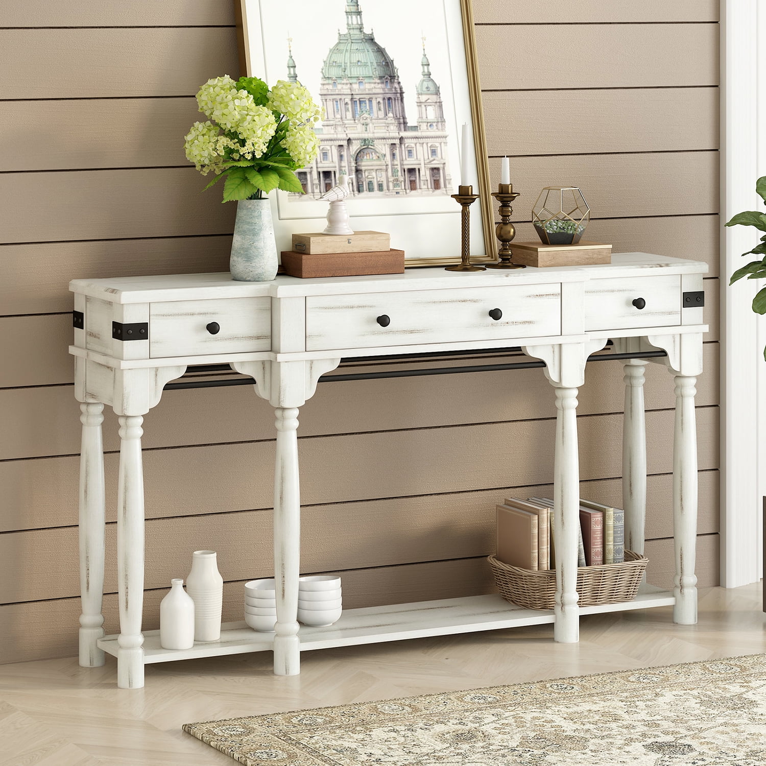 Churanty Narrow Side Table Farmhouse Console Table with Drawers and ...