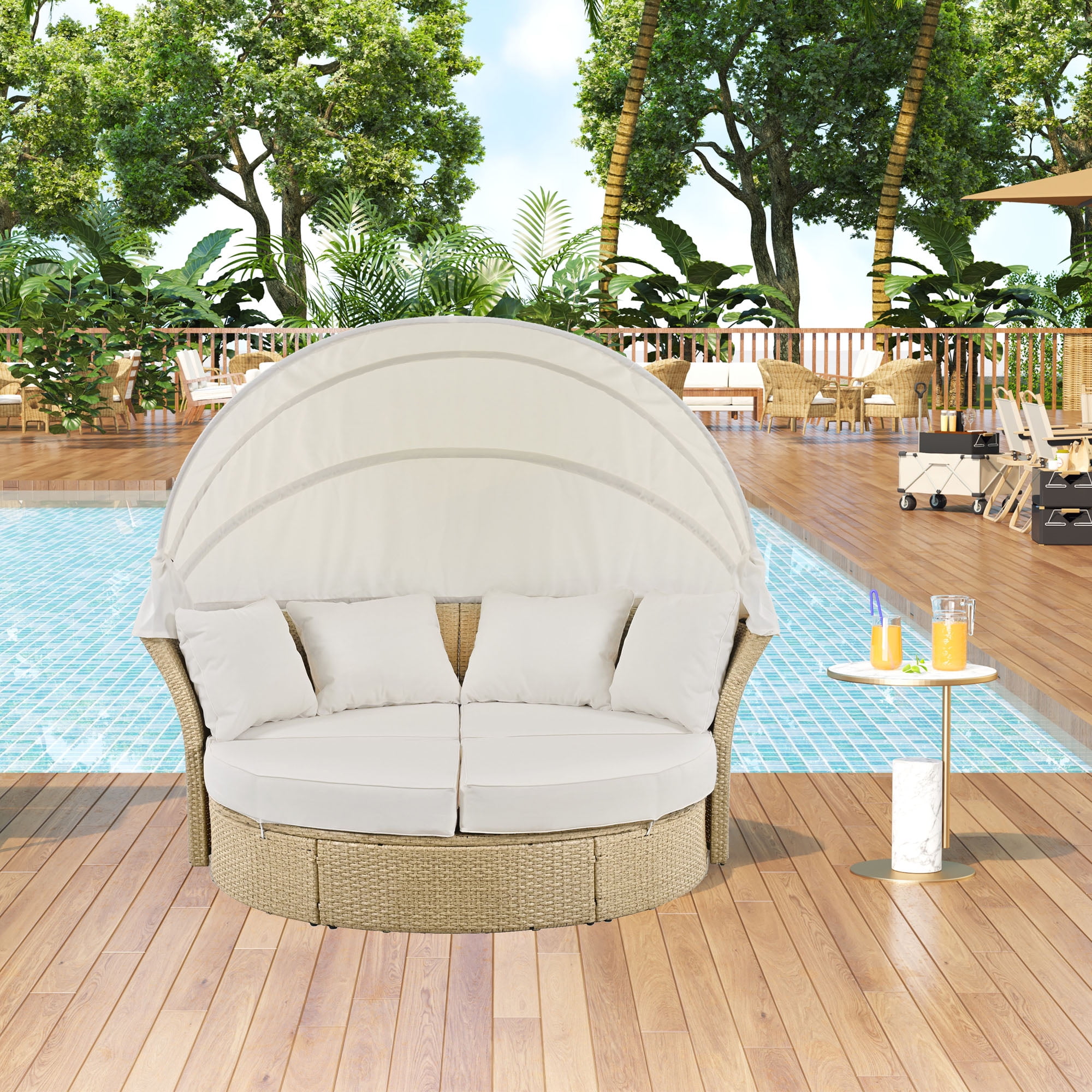 Harper & Bright Designs Outdoor Canopy Bed Patio Daybed, Wicker Rattan