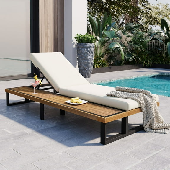 Harper & Bright Designs Outdoor Chaise Lounge Chair with Wood Side Table, Patio Lounger with 5-Position Adjustable Backrest, Reclining with Cushion for Poolside Garden, Acacia Wood, Beige