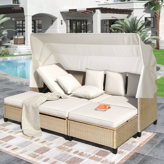 Harper & Bright Designs Outdoor Daybed with Canopy Cover, Rattan Patio Sunbed Loveseat Sofa with Ottoman and Lift-Top Table for Backyard Deck Garden, Beige