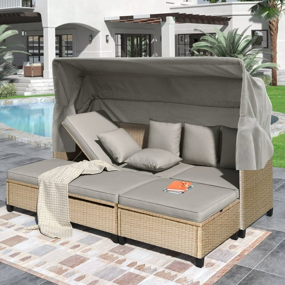 Harper & Bright Designs Outdoor Daybed with Canopy Cover, Rattan Patio Sunbed Loveseat Sofa with Ottoman and Lift-Top Table for Backyard Deck Garden, Brown