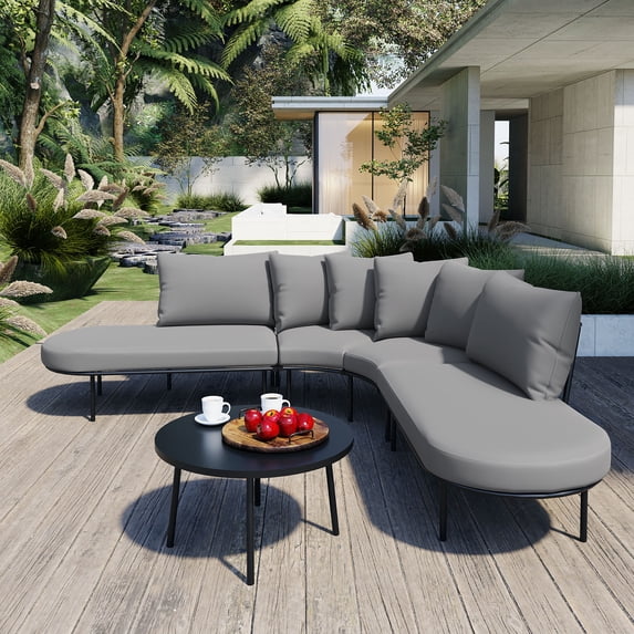 Harper & Bright Designs Outdoor Half Moon Patio Sofa with Coffee Table, All Weather Iron Frame Curved Conversation Seating Set with Padded Seats and Backrest Cushions for Backyard Garden, Gray