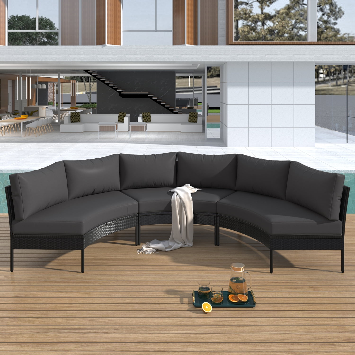 Churanty Large Outdoor Half Moon Sectional Curved Sofa Set, Rattan
