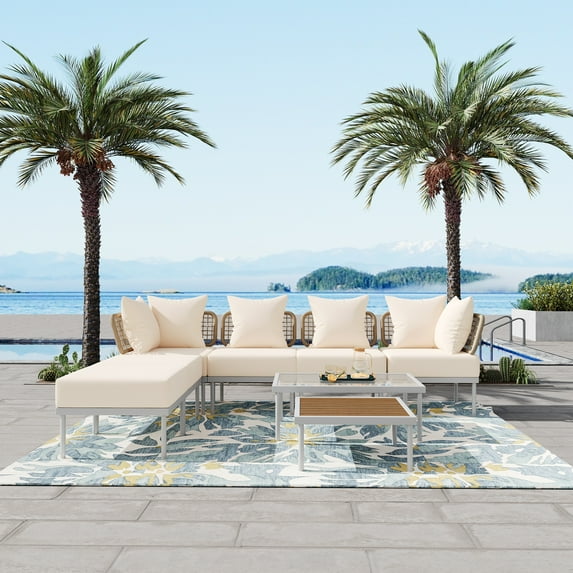 Harper & Bright Designs Outdoor Metal Conversation Furniture Set, 8 Pieces Patio L Shaped Sectional Sofa Set with Glass Coffee Table and Wooden Coffee Table for Garden Backyard and Poolside, Beige