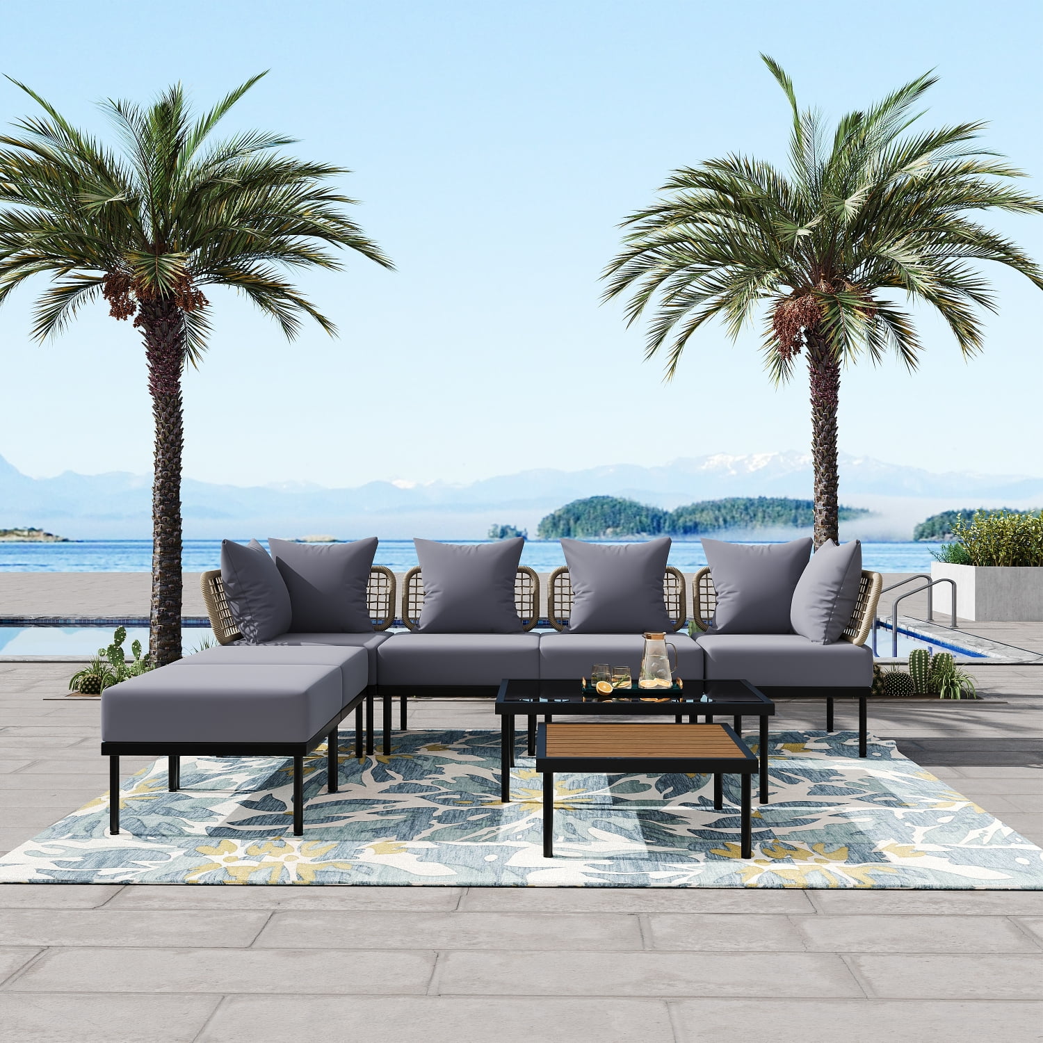 Harper & Bright Designs Outdoor Metal Conversation Furniture Set, 8 Pieces Patio L Shaped Sectional Sofa Set with Glass Coffee Table and Wooden Coffee Table for Garden Backyard, Light Gray