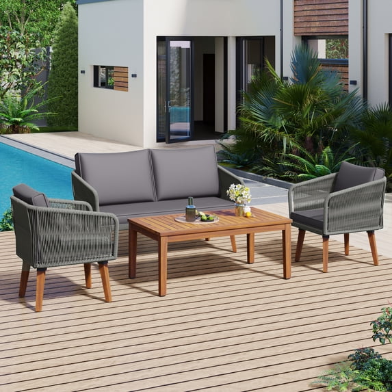 Harper & Bright Designs Outdoor Patio Conversation Set Wicker 4 Pieces Patio Furniture Set with Rattan Chair Loveseats Coffee Table for Garden Backyard Porch Poolside Balcony, Grey