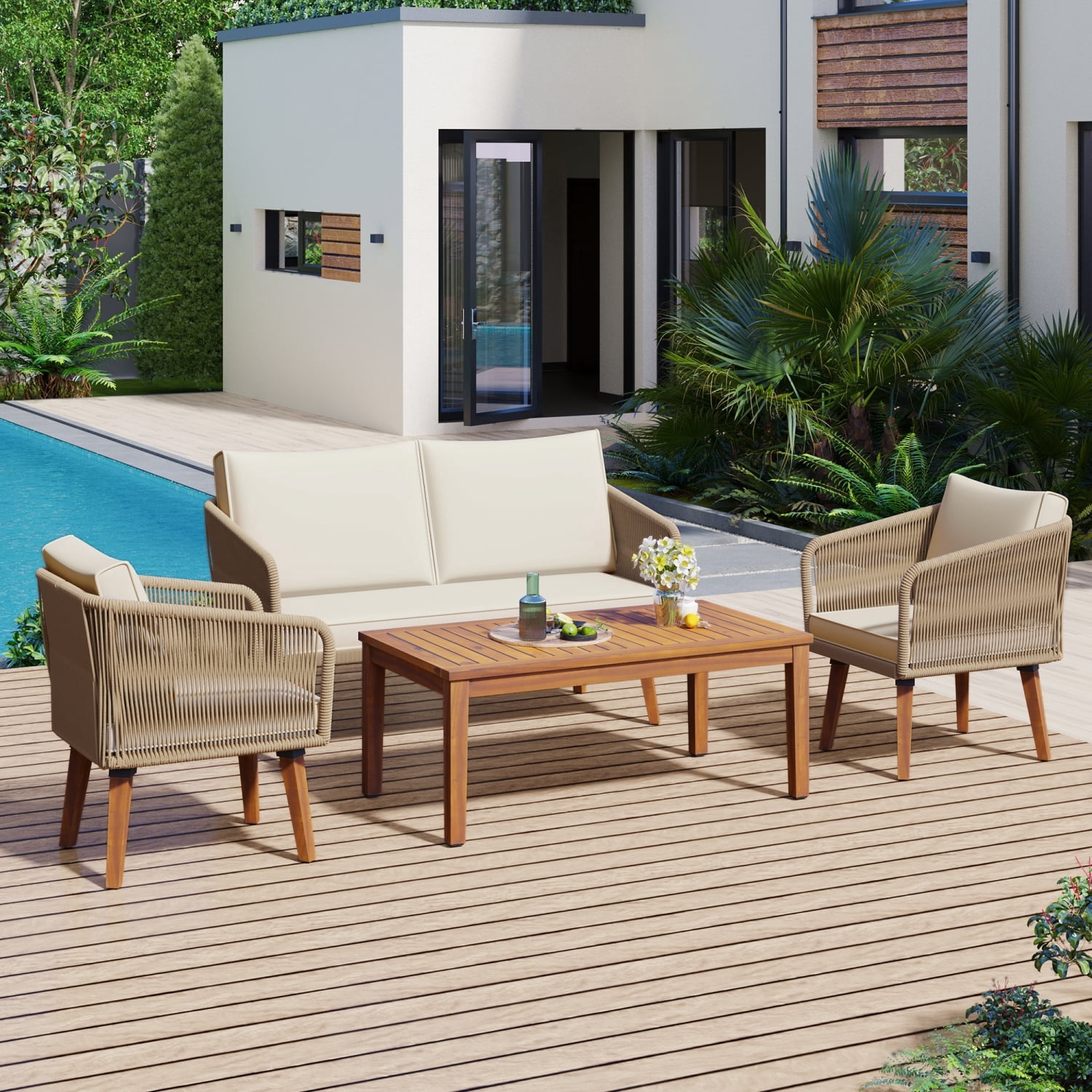 Harper & Bright Designs Outdoor Patio Conversation Set Wicker 4 Pieces Patio Furniture Set with Rattan Chair Loveseats Coffee Table for Garden Backyard Porch Poolside Balcony, Beige+Natural