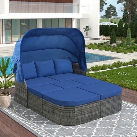 Harper & Bright Designs Outdoor Patio Furniture Set Daybed Sunbed, PE Wicker Sectional Sofa Set with Retractable Canopy/Lift Top Coffee Table, Rattan Conversation Set, Blue