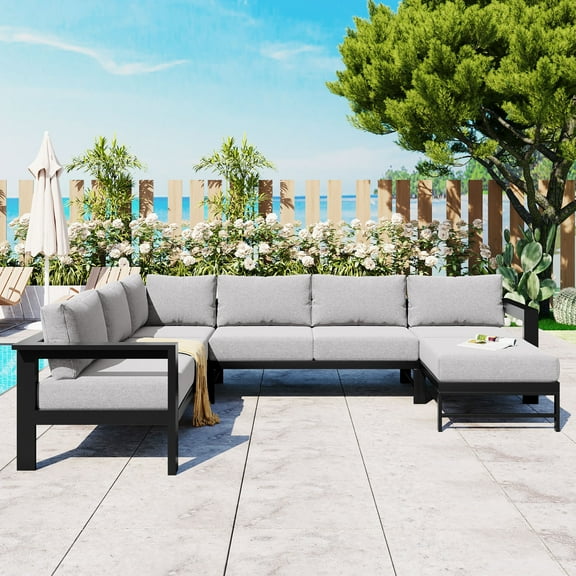 Harper & Bright Designs Outdoor Patio Furniture Set L-Shaped Aluminum Sectional Sofa All-Weather Patio Conversation Set with Cushions for Garden Backyard, Grey