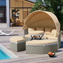 Harper & Bright Designs Outdoor Rattan Round Daybed with Canopy Cover, Wicker Patio Sunbed Set with Separate Seating and Lift-Top Table for Backyard Deck Garden, Light Coffee
