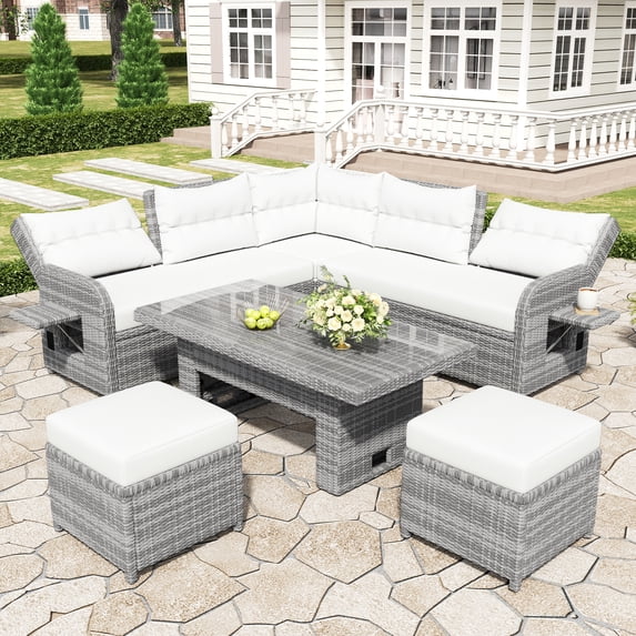 Harper & Bright Designs Outdoor Rattan Sectional Sofa Set with Adjustable Dining Table, Patio L-Shaped Wicker Conversation Set with 2 Ottomans, Recliners with Extendable Side Tables for Garden