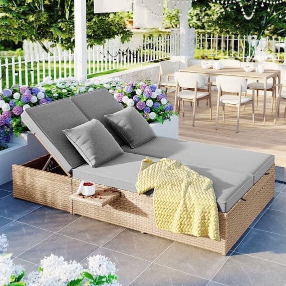 Harper & Bright Designs Outdoor Sunbed for Two Person Patio Chaise Double Lounger with Cup Tray Adjustable Backrest And Seat For Beach Backyard, Brown