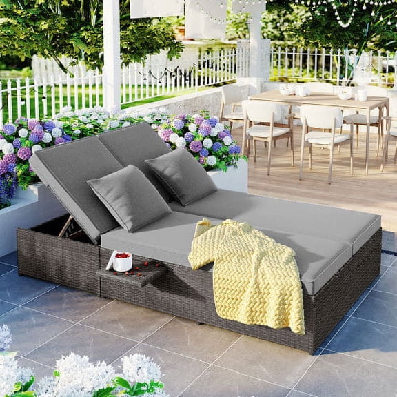 Harper & Bright Designs Outdoor Sunbed for Two Person Patio Chaise Double Lounger with Cup Tray Adjustable Backrest And Seat For Beach Backyard, Gray