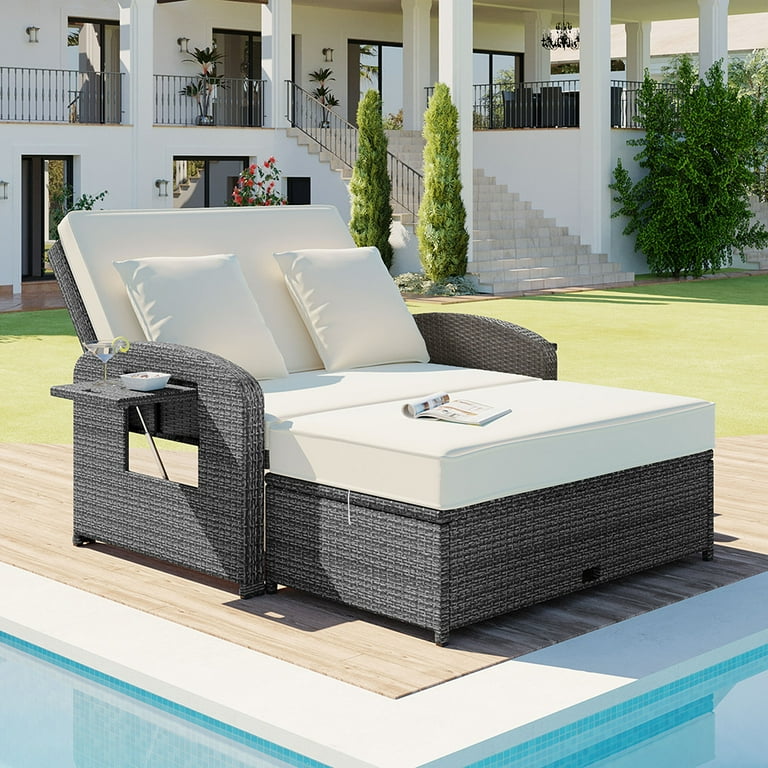 Churanty Double Outdoor Patio Chaise Lounge with Adjustable Backrest Deck Furniture White Cushions Walmart
