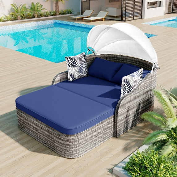Harper & Bright Designs Outdoor Sunbed with Adjustable Canopy for Two Person Patio Chaise Double Lounger for Beach Backyard, Gray Wicker And Blue Cushion