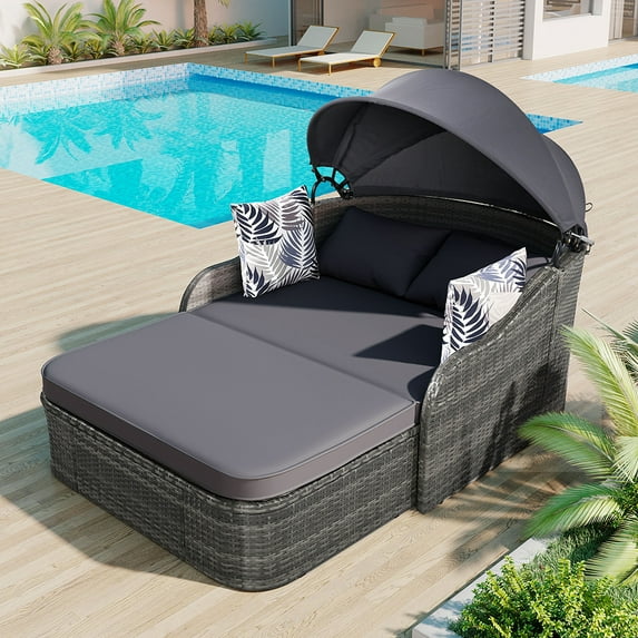 Harper & Bright Designs Outdoor Sunbed with Adjustable Canopy for Two Person Patio Chaise Double Lounger for Beach Backyard, Gray