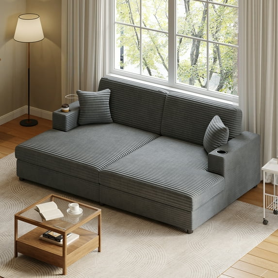 Harper & Bright Designs Oversized Loveseat Sofa Chaise Lounge Extra Deep Seat Corduroy Sleeper Sofa for 2 People with USB Ports & Cup Holders for Living Room, Dark Gray