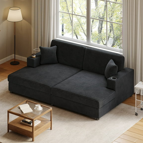 Harper & Bright Designs Oversized Loveseat Sofa Chaise Lounge Extra Deep Seat Corduroy Sleeper Sofa for 2 People with USB Ports & Cup Holders for Living Room, Black