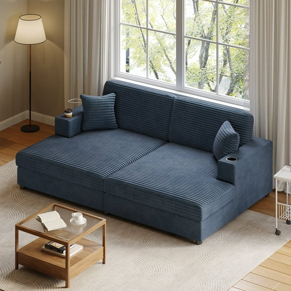 Harper & Bright Designs Oversized Loveseat Sofa Chaise Lounge Extra Deep Seat Corduroy Sleeper Sofa for 2 People with USB Ports & Cup Holders for Living Room, Blue