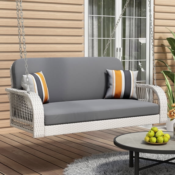 Harper & Bright Designs PE Ratten Porch Swing Chair, 2-Seater Hanging Swing Bench with Chains, All Weather Design Patio Furniture Swing for Backyard Garden Poolside, Grey and White