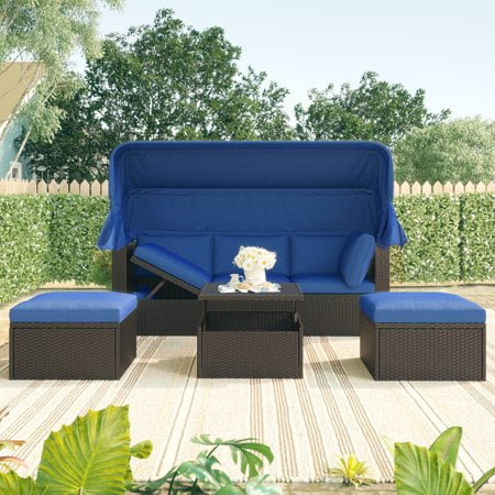 Harper & Bright Designs PE Wicker Rattan Sectional Sofa Set with Retractable Canopy and Soft Cushions, Outdoor Patio Rectangle Daybed for Lawn Garden Backyard Poolside, Blue