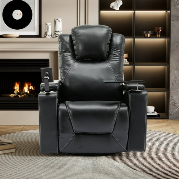Harper & Bright Designs PU Power Recliner for Adults, Swivel Home Theater Recliner with Cup Holder, Surround Sound and Hidden Arm Storage