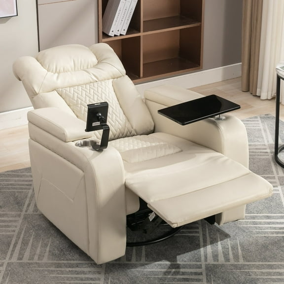 Harper & Bright Designs PU Power Recliner for Adults, Swivel Home Theater Recliner with Cup Holder, Surround Sound and Tray Table