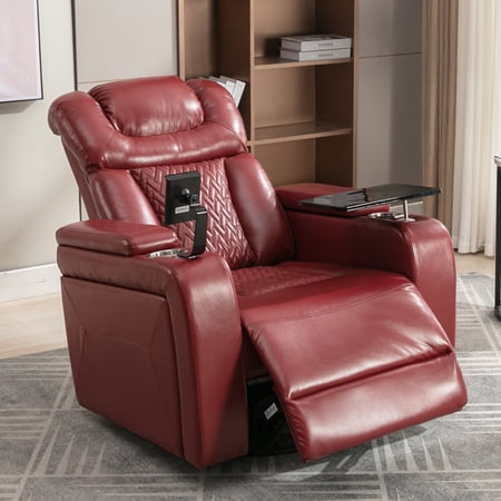 Harper & Bright Designs PU Power Recliner for Adults, Swivel Home Theater Recliner with Cup Holder, Surround Sound and Tray Table