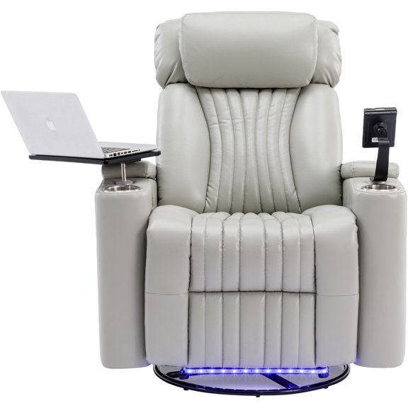 Harper & Bright Designs PU Power Swivel Recliner with Cup Holder, Home Theater Seating with Hidden Arm Storage and LED Light Strip, Grey