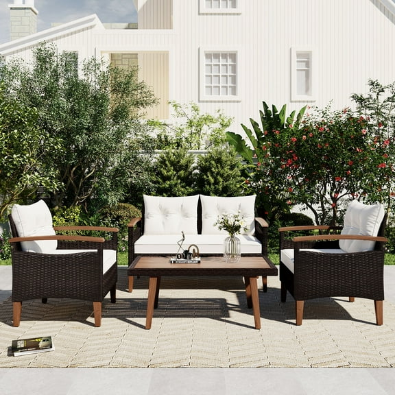 Harper & Bright Designs Patio Conversation Set, 4-Piece Outdoor Garden Furniture Set, Patio Seating Set, PE Rattan Outdoor Sofa Set, Wood Table and Legs, Brown+Beige+Wood