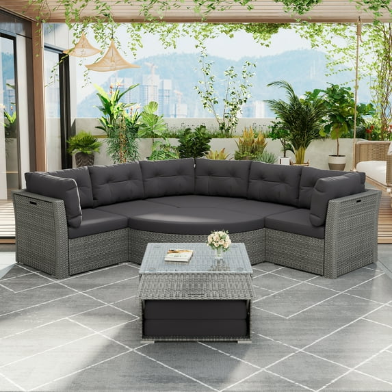 Harper & Bright Designs Patio Conversation Set, Outdoor Daybed Rattan Sectional Sofa Set Patio Seating Group with Cushions and Center Table for for Garden Balcony Poolside, Grey