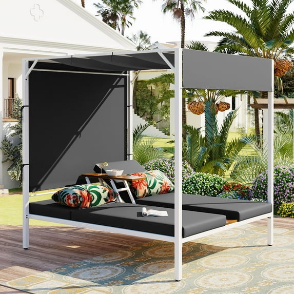 Harper & Bright Designs Patio Double Chaise Lounge with Canopy and Curtain, Outdoor Patio Sunbed Daybed with Adjustable Seats and Cushions for Backyard Garden Poolside, Grey