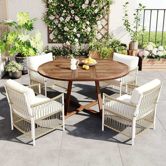 Harper & Bright Designs Patio Extendable Dining Table Set for 4, Outdoor Dining Furniture with Foldable Leaf Table and 4 Rattan Arm Chairs for Backyard Garden, Natural