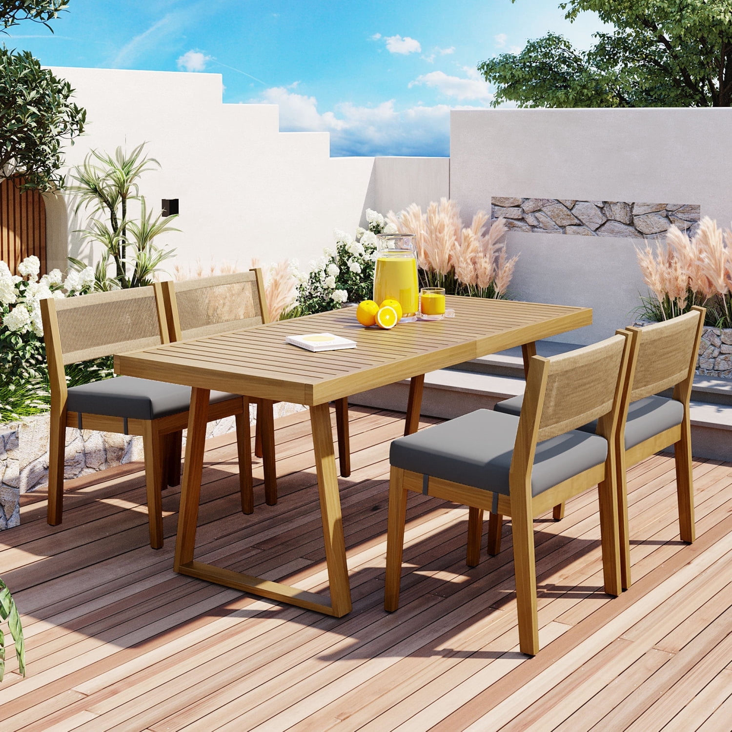 Harper & Bright Designs Patio Outdoor Acacia Wood Dining Set for 4, 5 Pieces All Weather Farmhouse Dining Furniture Set with Table and 4 Chair for Outdoor Garden Porch, Gray