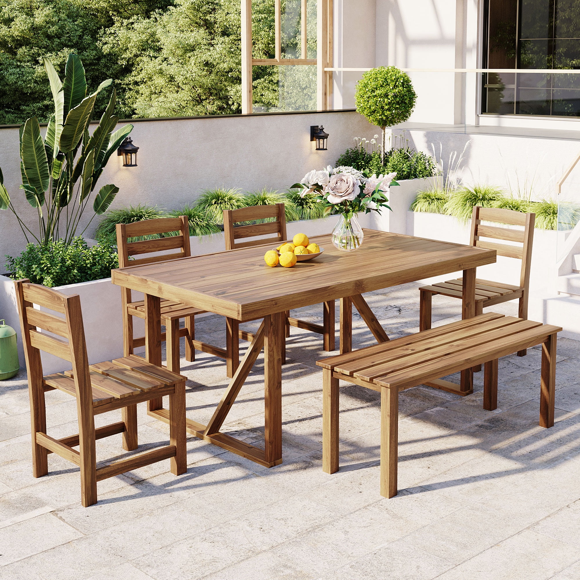 Churanty Patio Outdoor Acacia Wood Dining Set for 6 6 Pieces All Weather Farmhouse Dining Furniture Table Set with Bench and 4 Chair for Outdoor Garden Porch Natural Wood Walmart