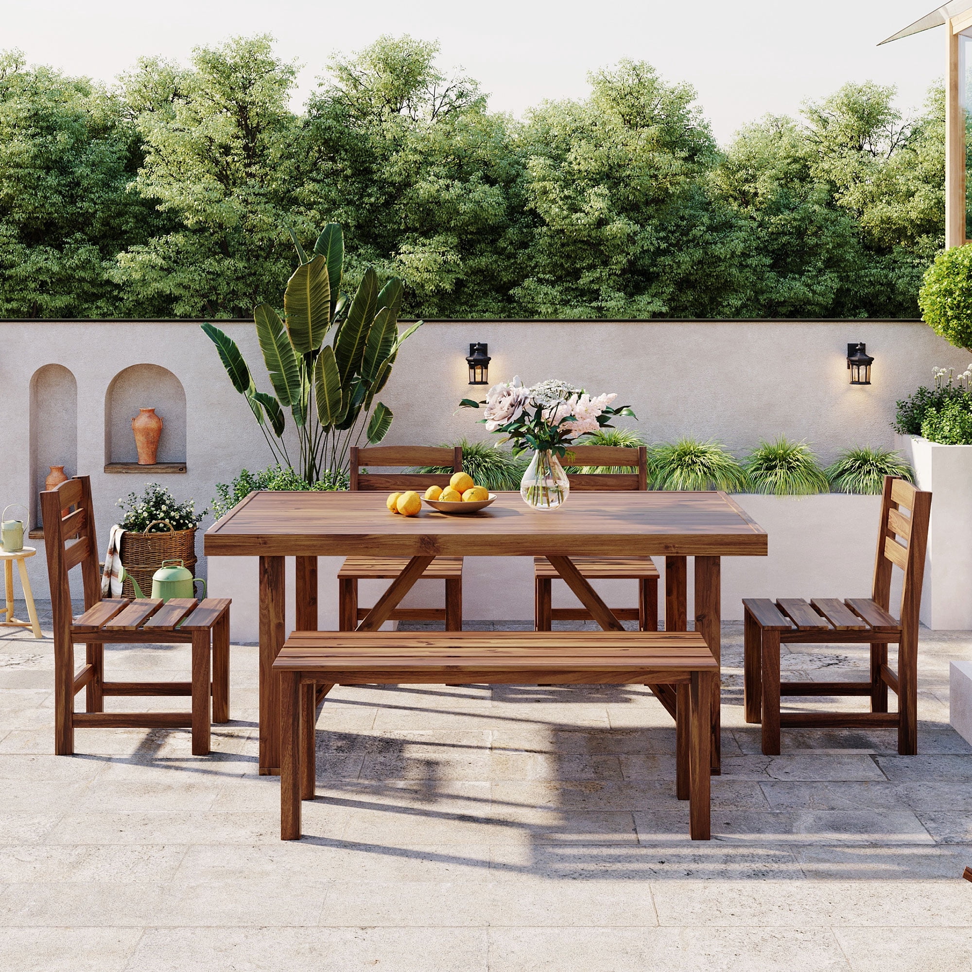 Harper & Bright Designs Patio Outdoor Acacia Wood Dining Set for 6, 6 Pieces All Weather Farmhouse Dining Furniture Table Set with Bench and 4 Chair for Outdoor Garden Porch, Brown