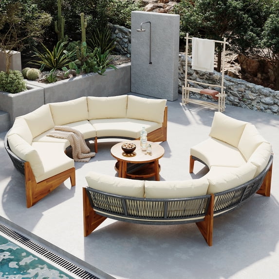 Harper & Bright Designs Patio Outdoor Round Conversation Set, Wood Half Moon Outdoor Sectional Sofa for 6, 3 Piece Seating Group with Cushions and a Coffee Table for Patio Garden Poolside, Beige