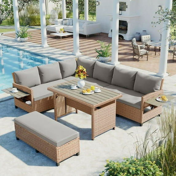 Harper & Bright Designs Patio Rattan L-Shaped Sofa Set, Outdoor Sectional PE Wicker Set with Extendable Side Tables Dining Table and Cushion for Backyard Graden, Brown