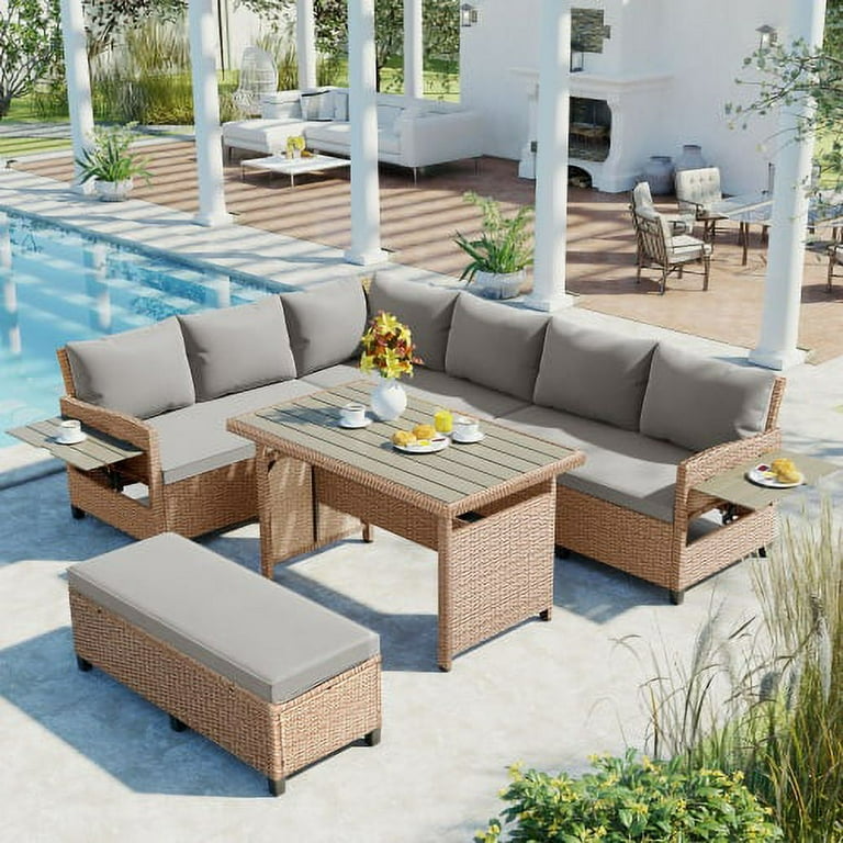 Churanty Patio Rattan L Shaped Sofa Set Outdoor Sectional PE Wicker Set with Extendable Side Tables Dining Table and Cushion for Backyard Graden