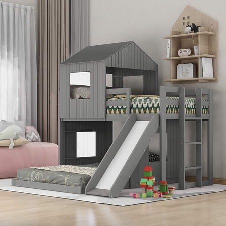 Harper & Bright Designs Pine Wood Bunk Bed Security, Twin-over-full, Gray