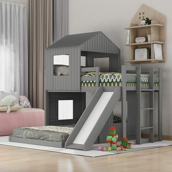 Harper & Bright Designs Pine Wood Bunk Bed Security, Twin-over-full, Gray