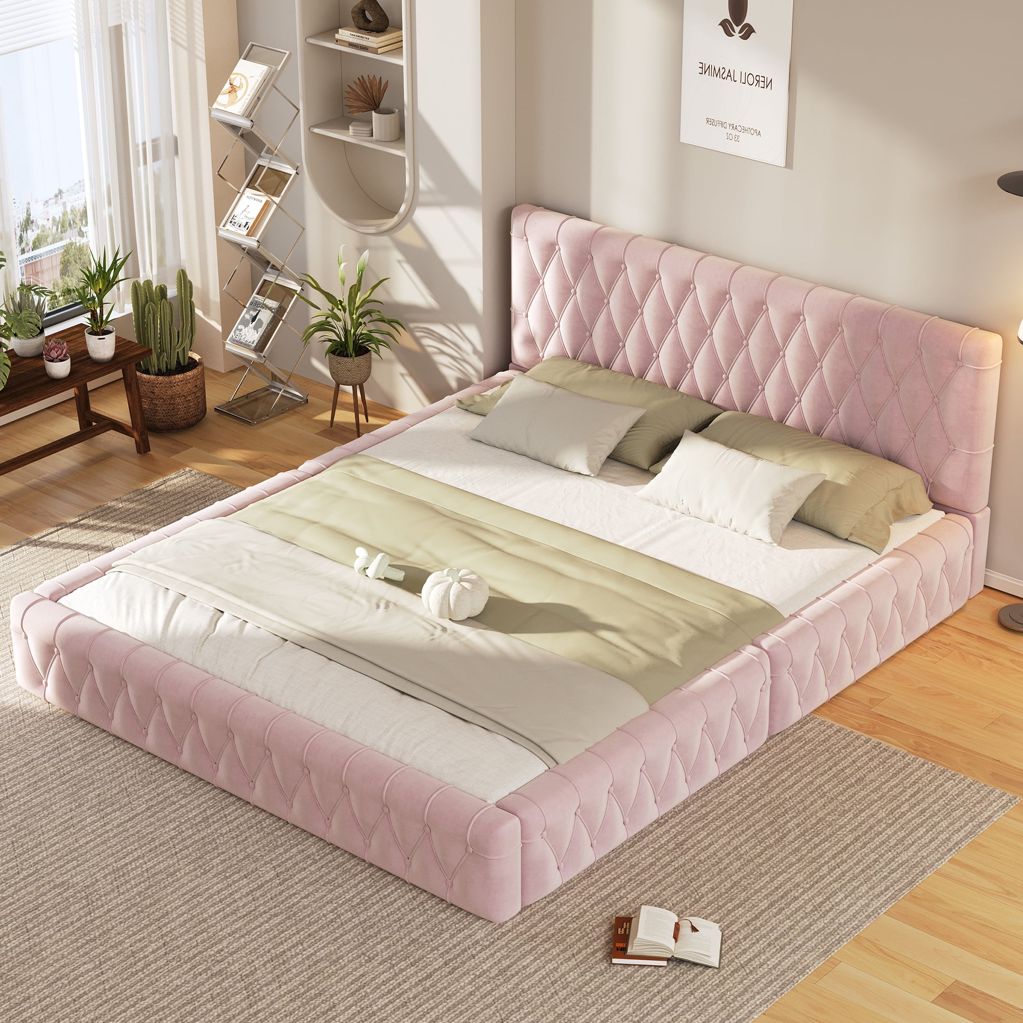 Harper & Bright Designs Pink Queen Size Upholstered Bed with Tufted ...