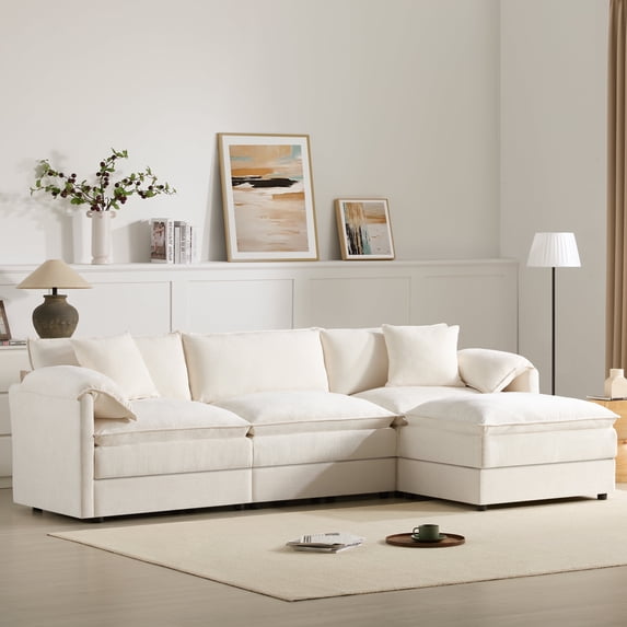 Harper & Bright Designs Plush Chenille Modular Sectional Sofa with Ottoman, L-Shaped 3 Seat Cloud Couch Set, Double Soft Cushions, Deep Wide Seating & Reversible Config for Living Room, Cream