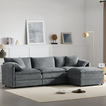 Harper & Bright Designs Plush Chenille Modular Sectional Sofa with Ottoman, L-Shaped 3 Seat Cloud Couch Set, Double Soft Cushions, Deep Wide Seating & Reversible Config for Living Room, Dark Gray