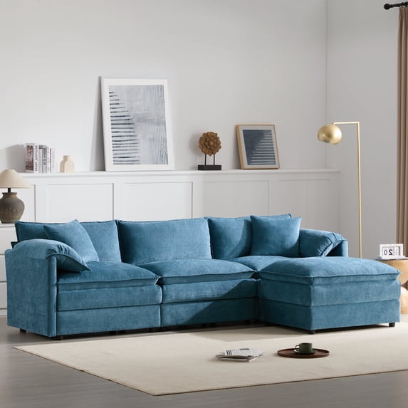 Harper & Bright Designs Plush Chenille Modular Sectional Sofa with Ottoman, L-Shaped 3 Seat Cloud Couch Set, Double Soft Cushions, Deep Wide Seating & Reversible Config for Living Room, 103.5" Blue