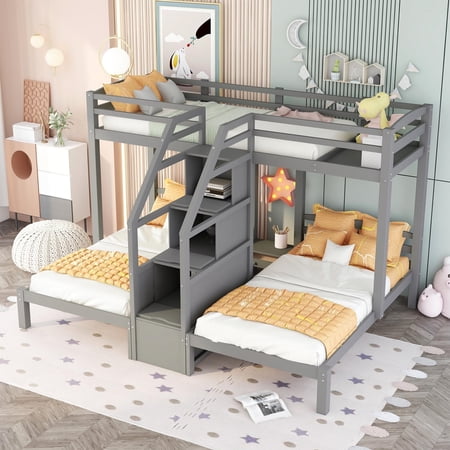 Harper & Bright Designs Plywood Triple Bunk Bed with Storage Drawers, Gray