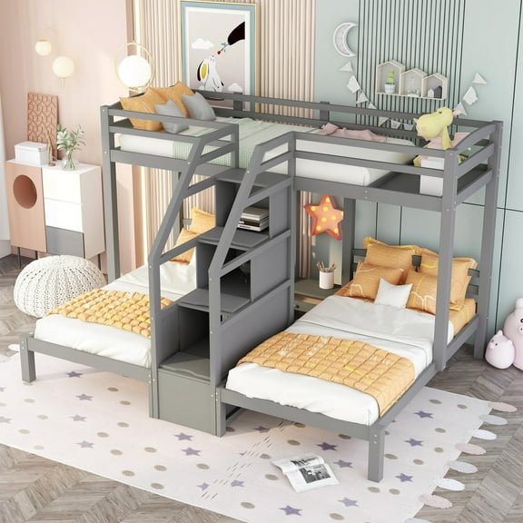 Harper & Bright Designs Plywood Triple Bunk Bed with Storage Drawers, Gray