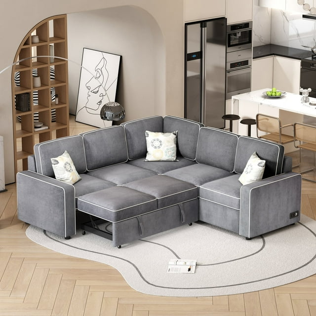 Harper & Bright Designs Pull Out Couch Bed Sleeper Sofa with USB Ports, L Shaped Couch Convertible Sectional Sofa with Power Sockets for Living Room, Gray