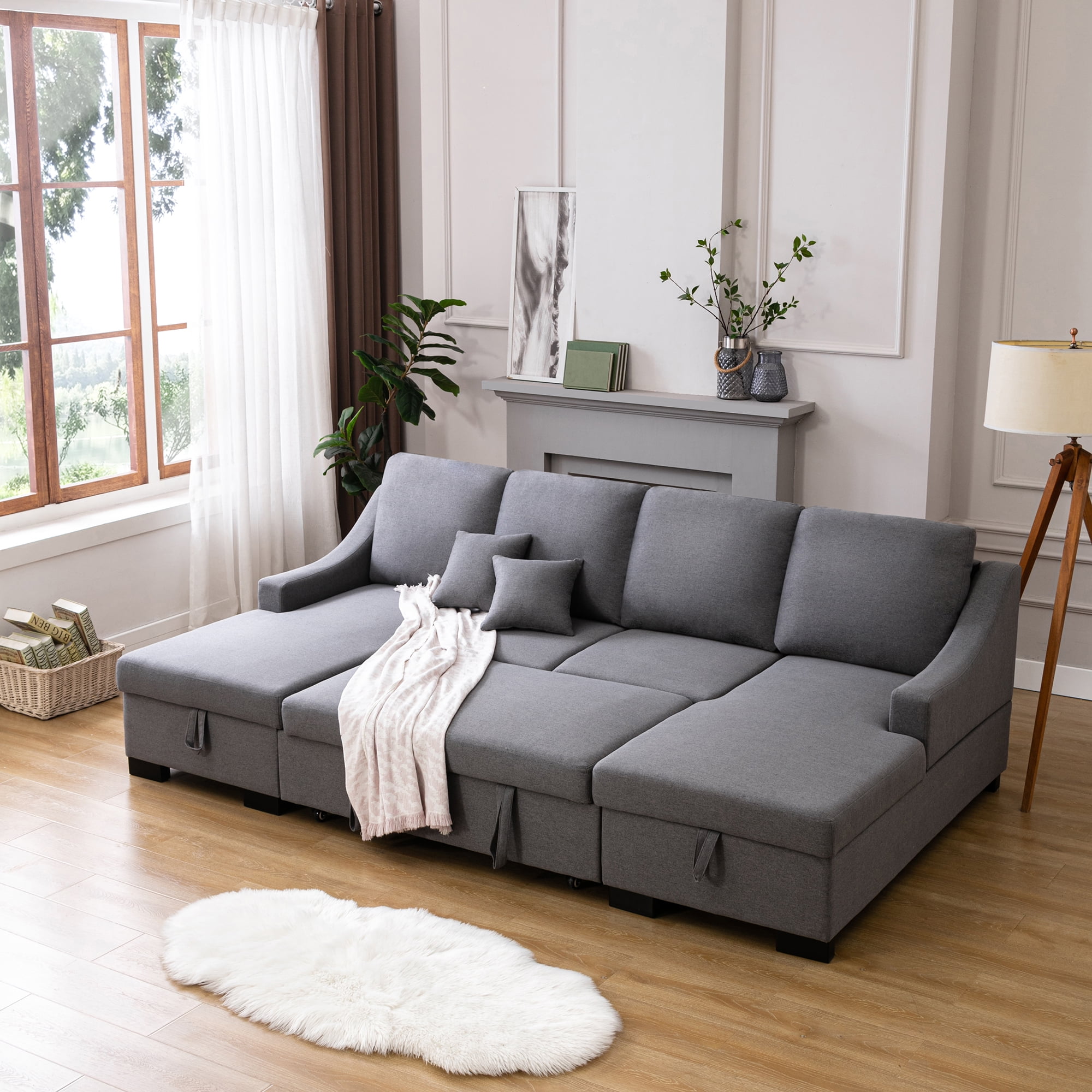 Churanty Pull Out Sofa Bed U Shaped Sectional Sleeper Sofa Bed with Storage  Chaise for Living Room Apartment,Grey