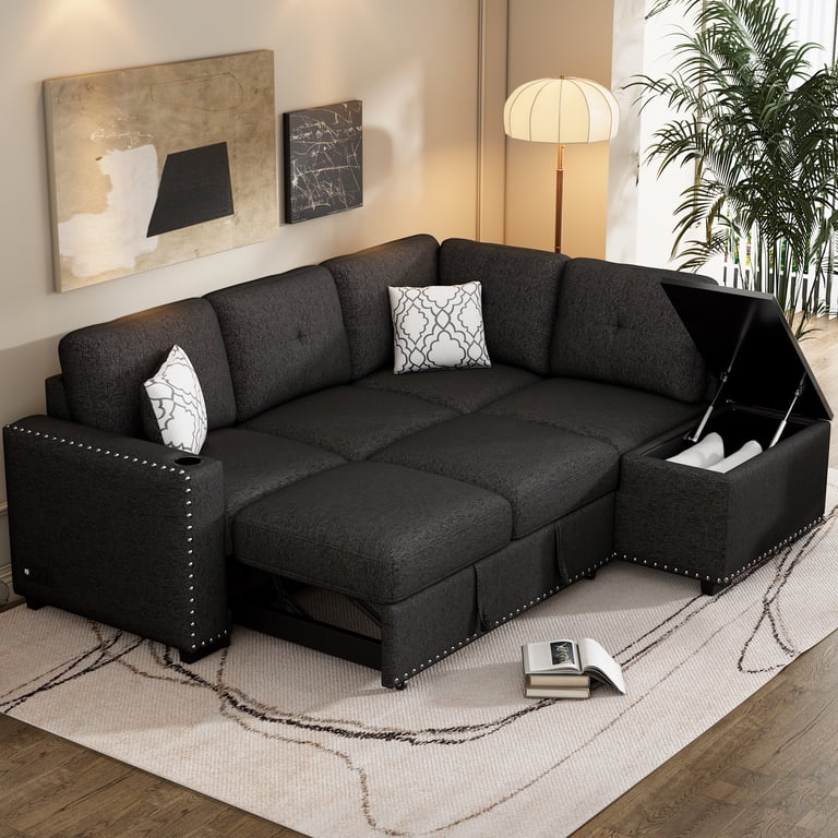Sofa With Storage Chaise And Cup Holders 84" L-Shaped Sleeper Sofa ...